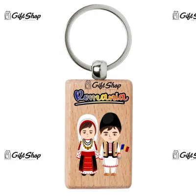 Copii port popular romania, breloc din lemn, model 003